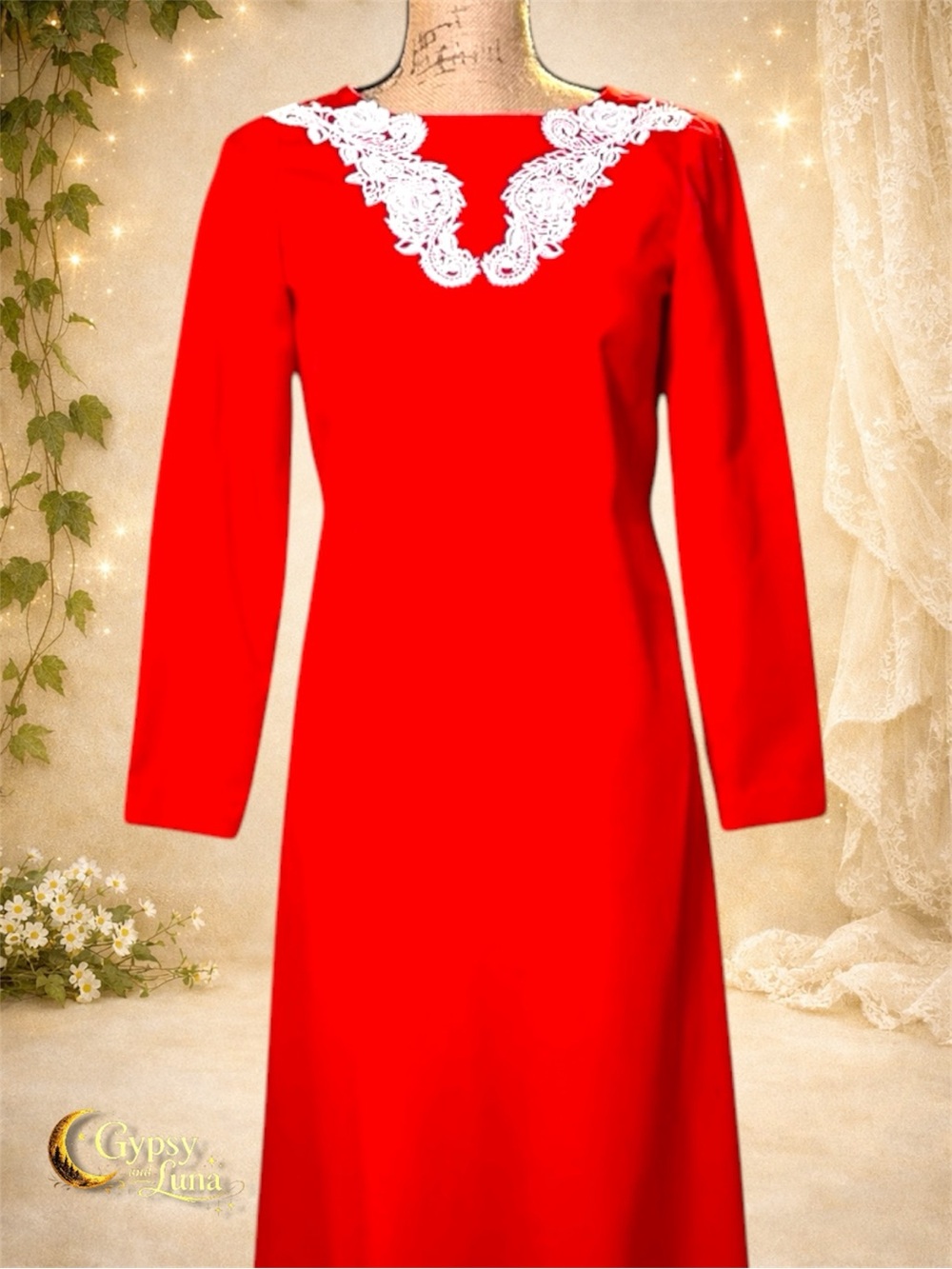 Handmade Red Lace Appliqué Party Dress XXS-XS